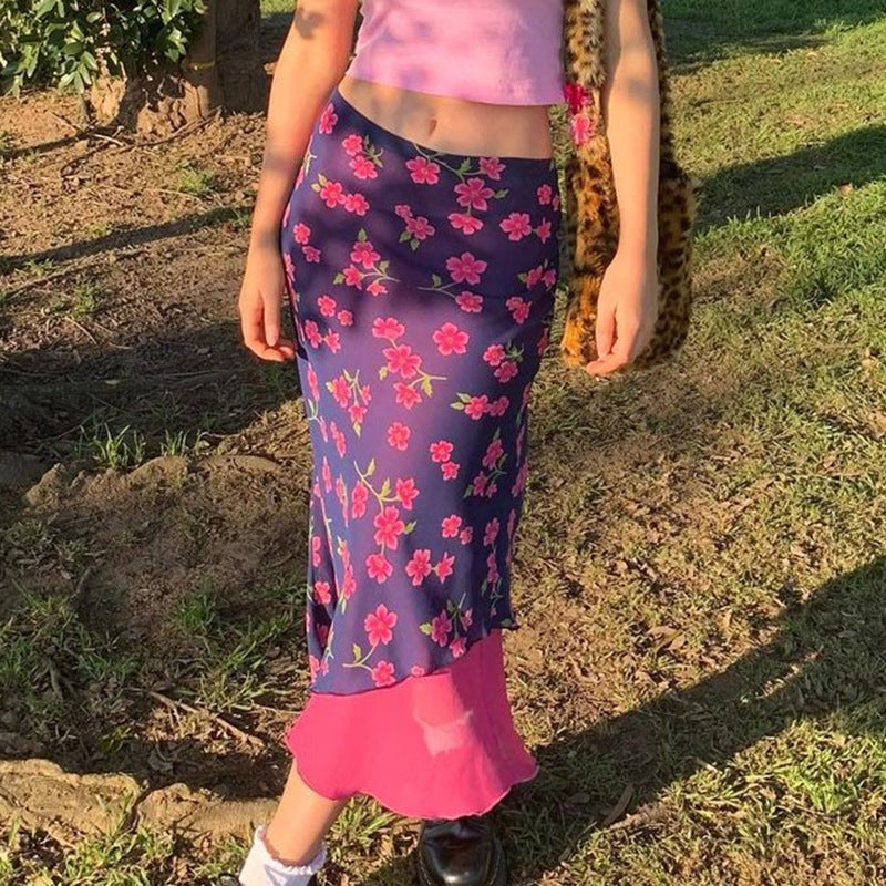 New Women's Plum Blossom Print Chiffon Slim Slimming Skirt Long Skirt