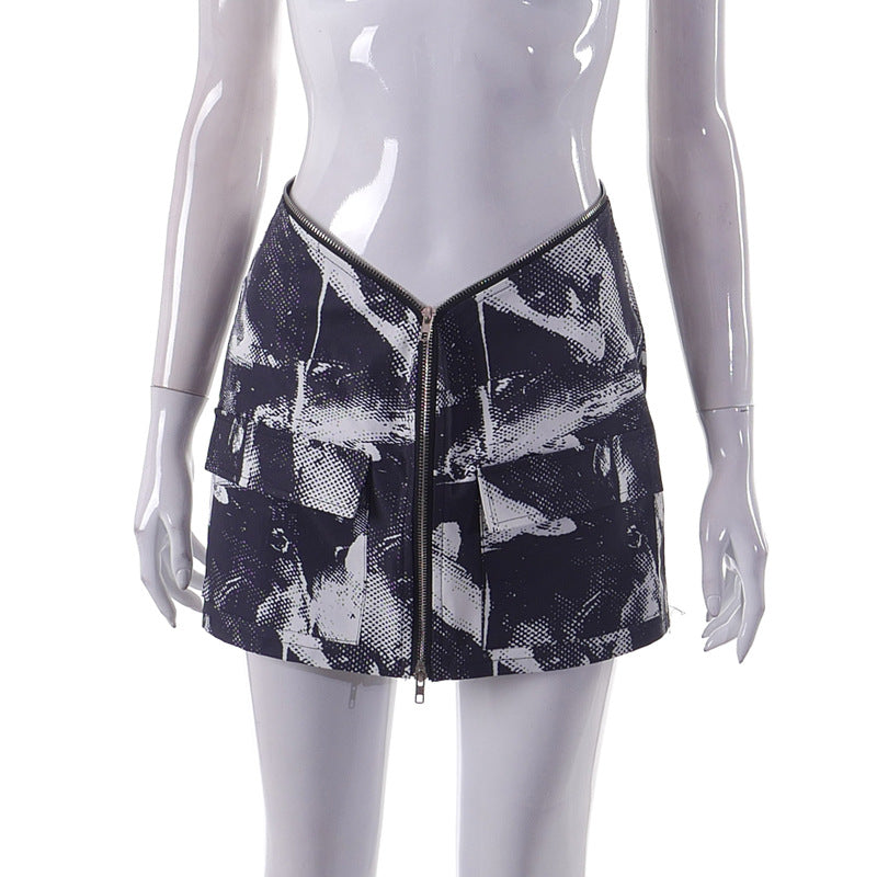Printed Zipper Hem Hip Wrap Miniskirt