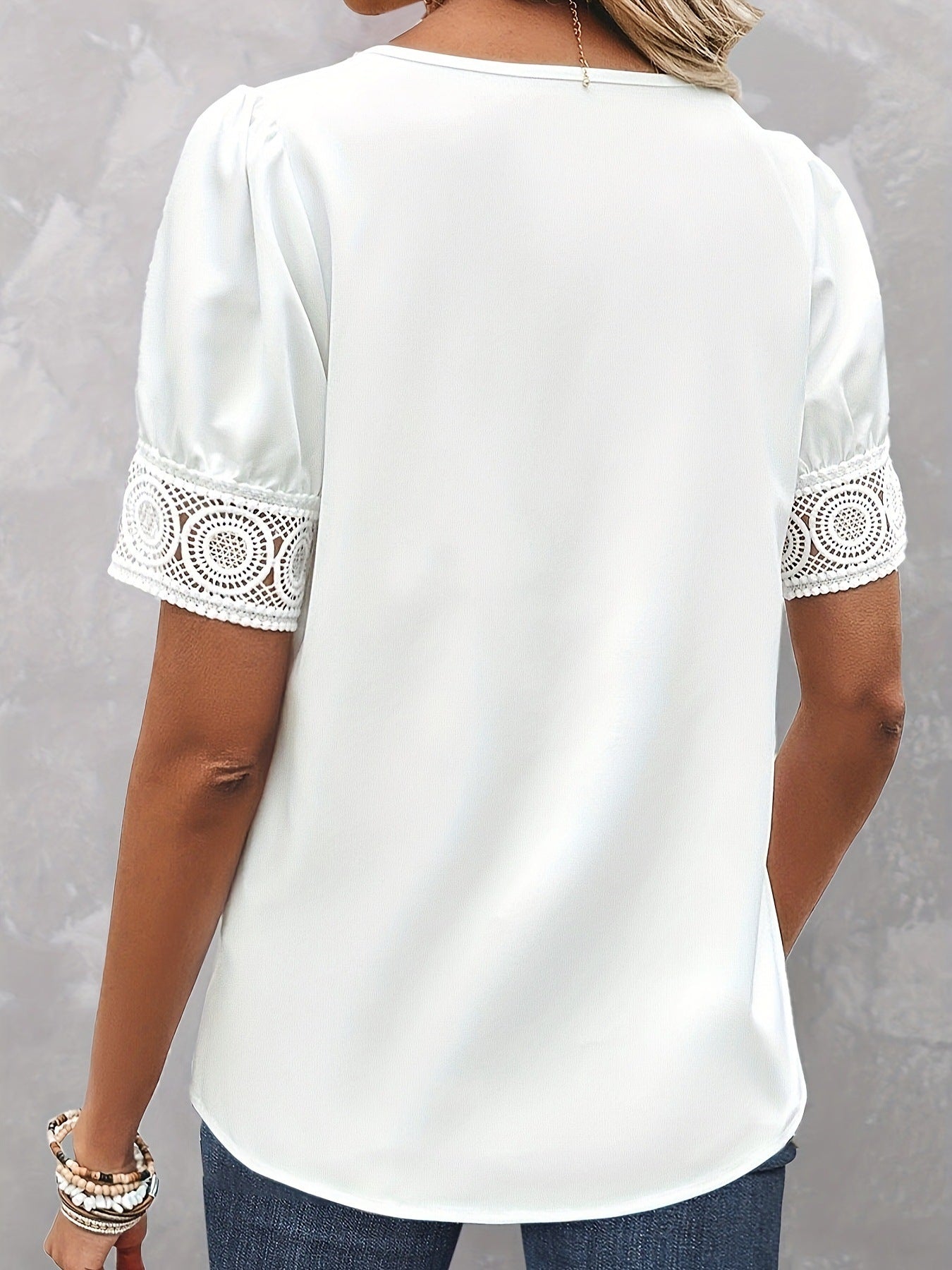 Solid Color Lace V-neck Patchwork Short Sleeve Shirt