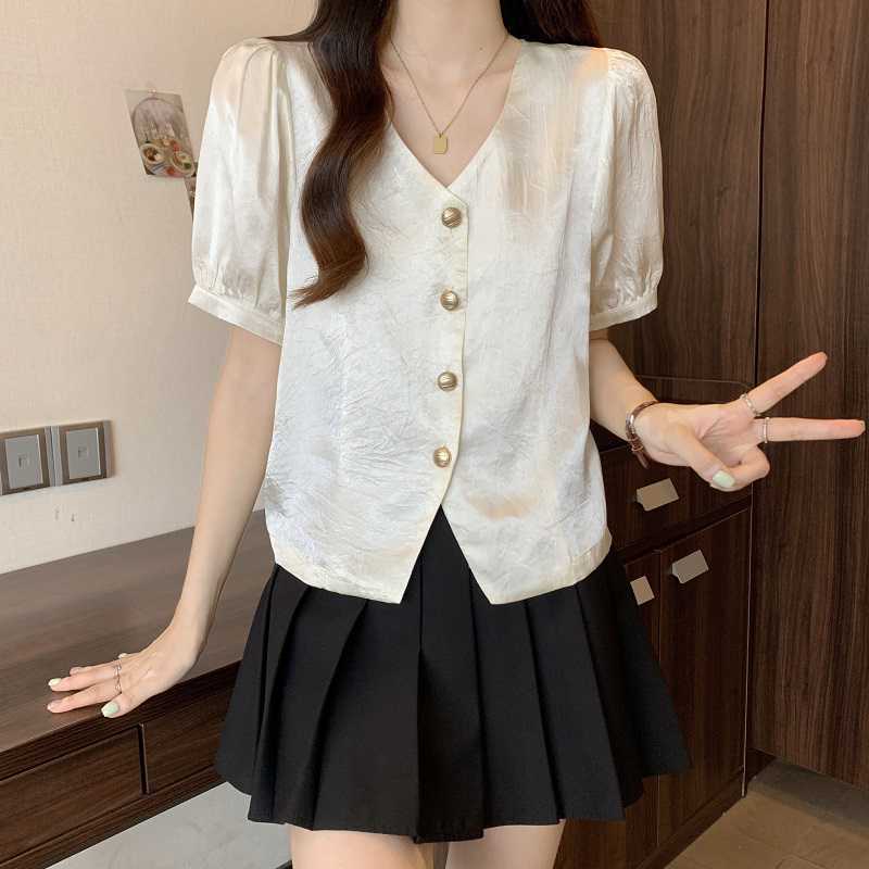 V-neck Solid Color Acetate Shirt With Short Sleeves