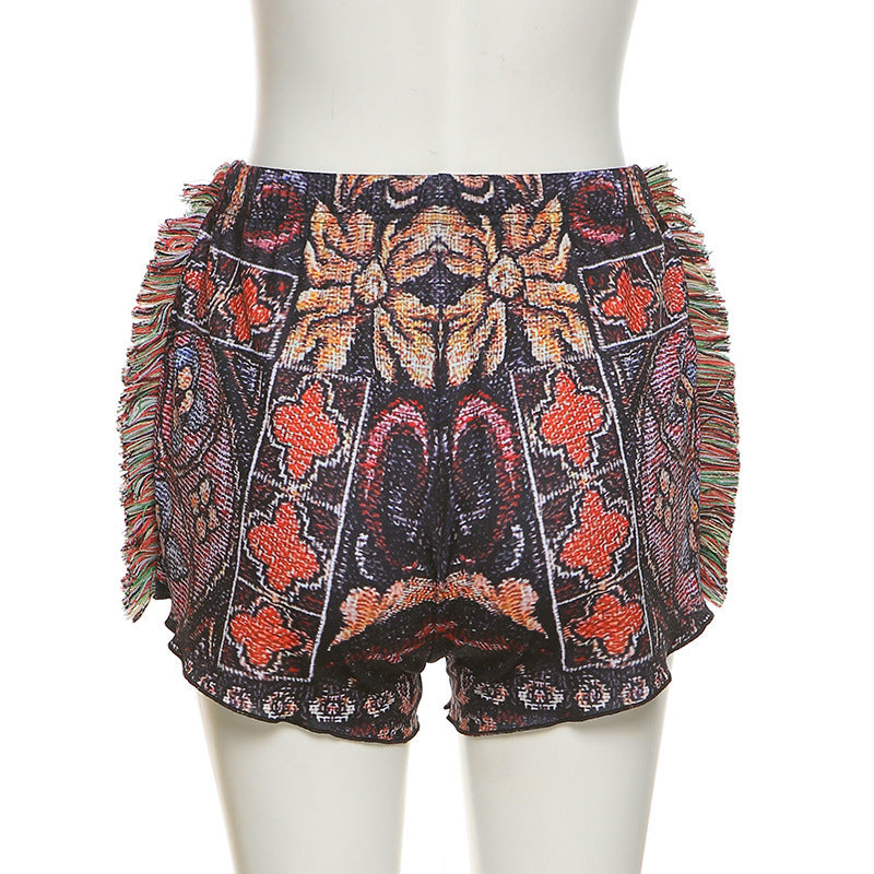 Printed Tassel Bag Hip Ethnic Style Tweed Casual Shorts