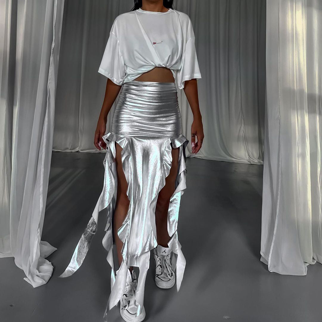 Ribbon Tassel Reflective PU Fishtail Skirt Micro Elastic Irregular