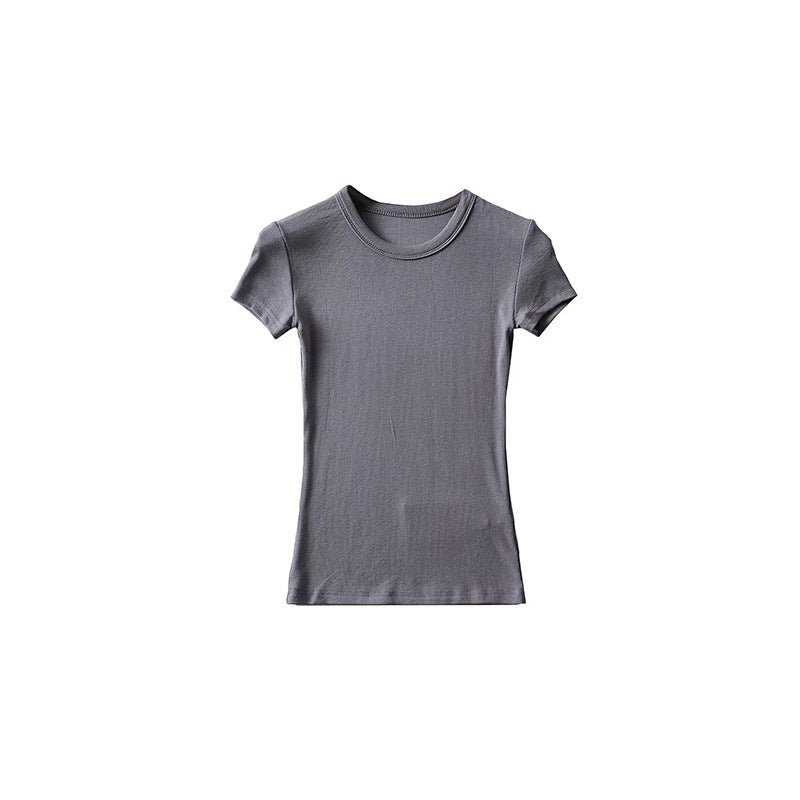 Basic Style Round Neck Tight Stretch Solid Color Short Sleeve T-shirt Top