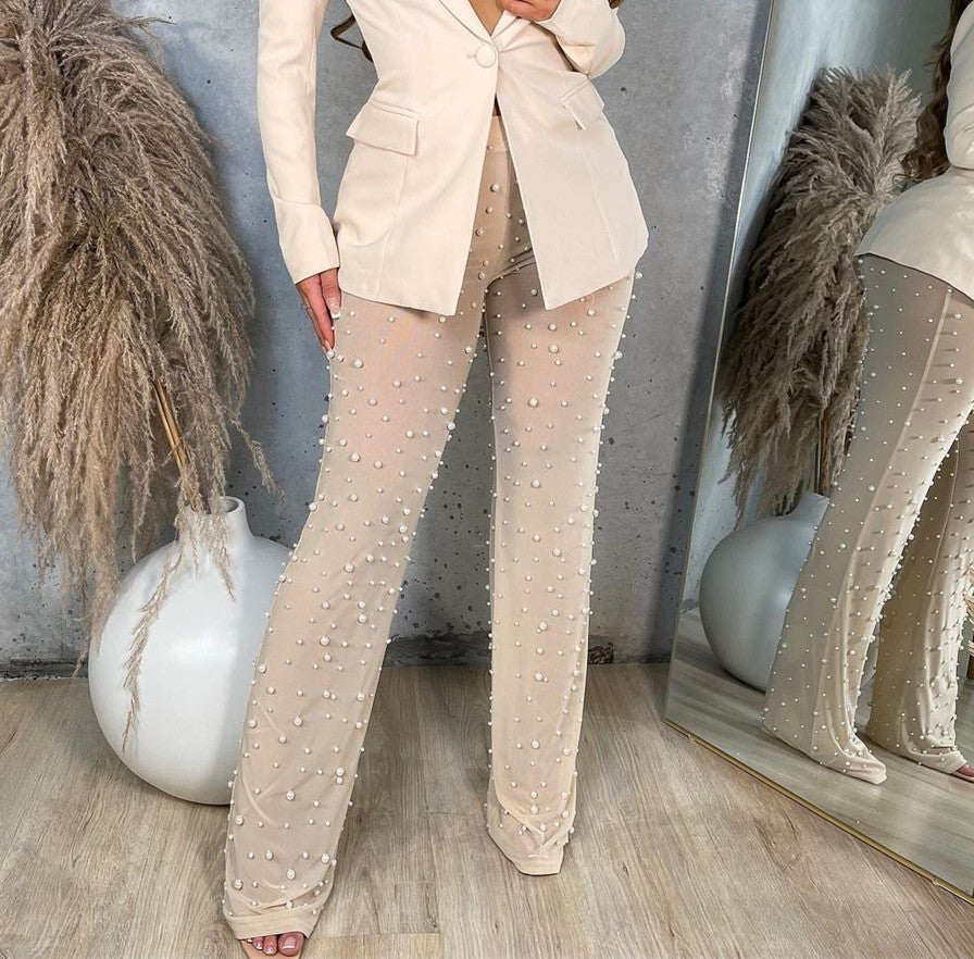 Rubber Mesh Foam Beads Decorative Wide Leg Beaded Pants With Underpants