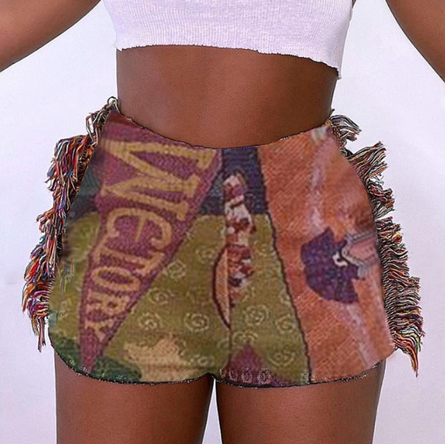 Printed Tassel Bag Hip Ethnic Style Tweed Casual Shorts