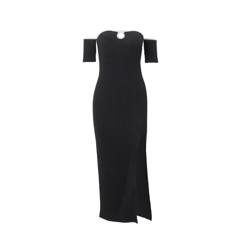 Summer New Fashion Off-neck Tube Top Hollow High Waist Split Short Sleeve Long Dress