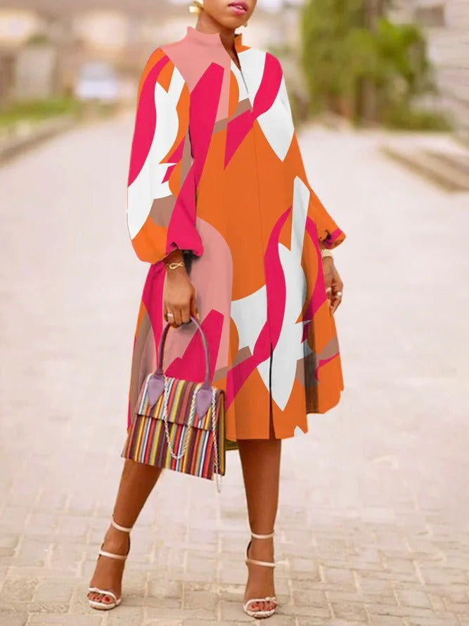 Women's V-neck Lantern Sleeves Long-sleeved Dress