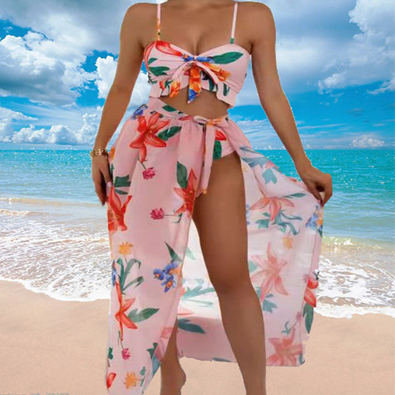 Three-piece Floral Front Bikini Beach Dress