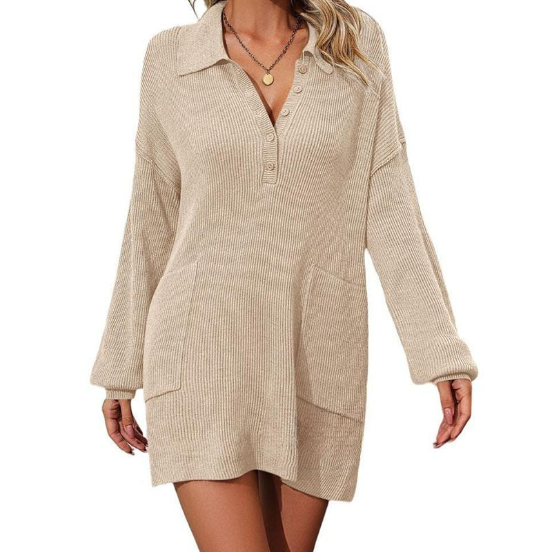 New Solid Color Polo Collar Button Knitted Button Dress