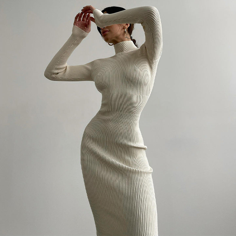 Long Pit-striped Knitted Skirt With High Collar