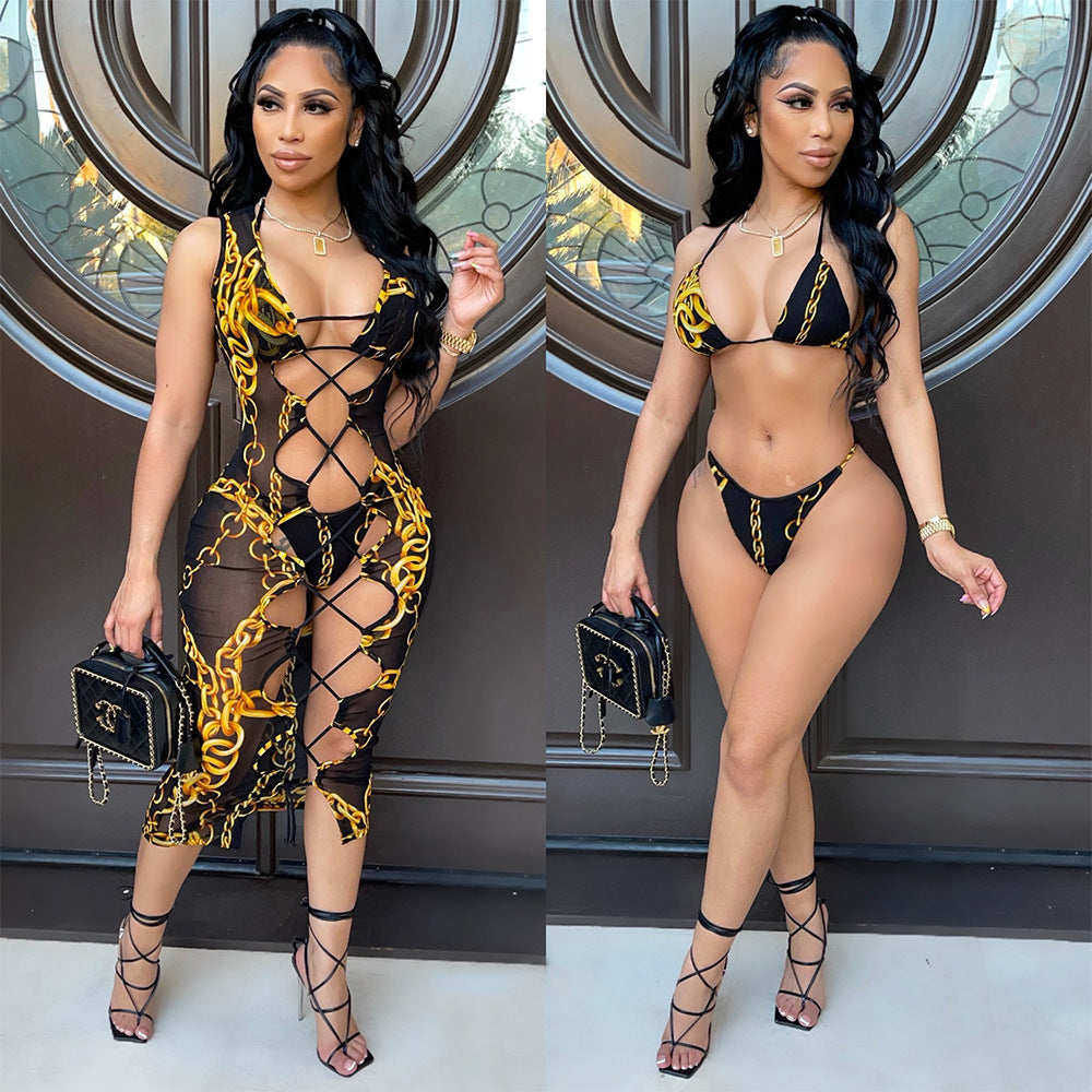 Sexy Mesh Floral Print Hollow Dress