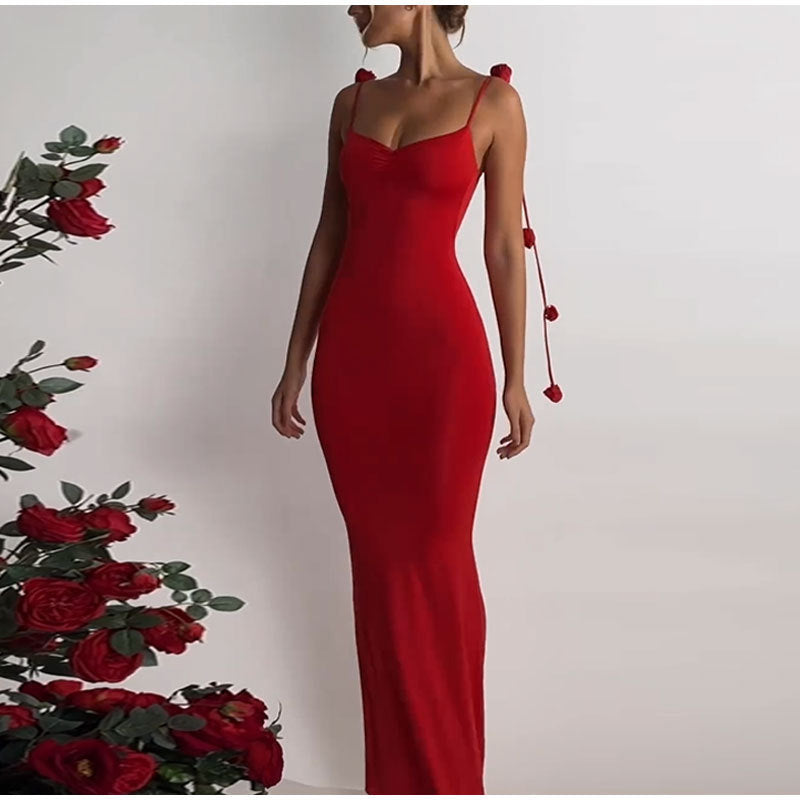 Solid Color Flowers Skinny V-neck Dress