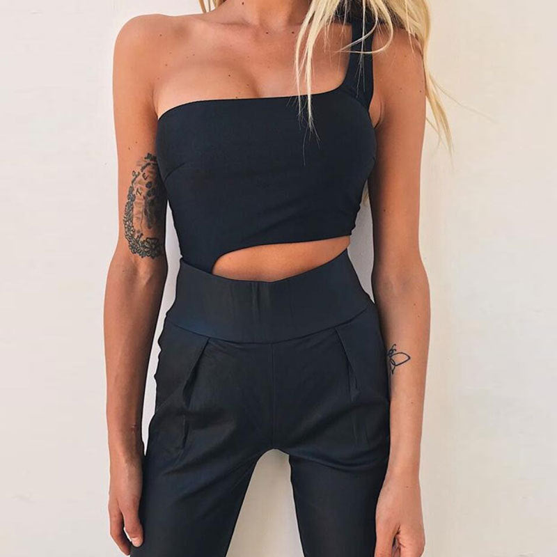 Irregular Cropped Navel Show Back Sleeveless One Shoulder Piece Swimsuit