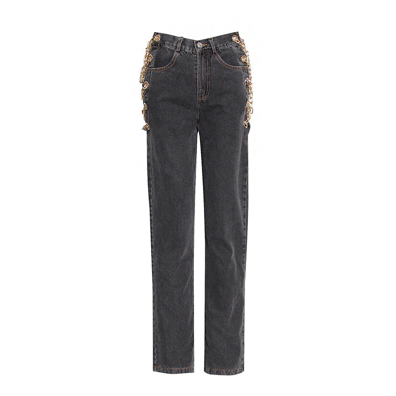 High-rise chain straight-leg jeans