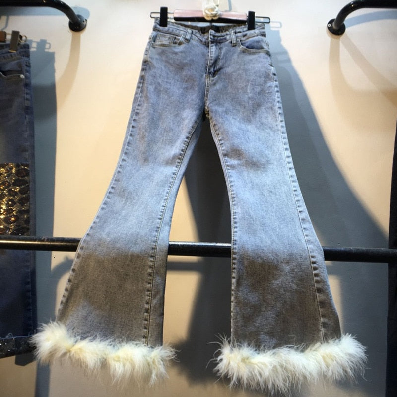 Leggings with real rabbit fur and high waist
