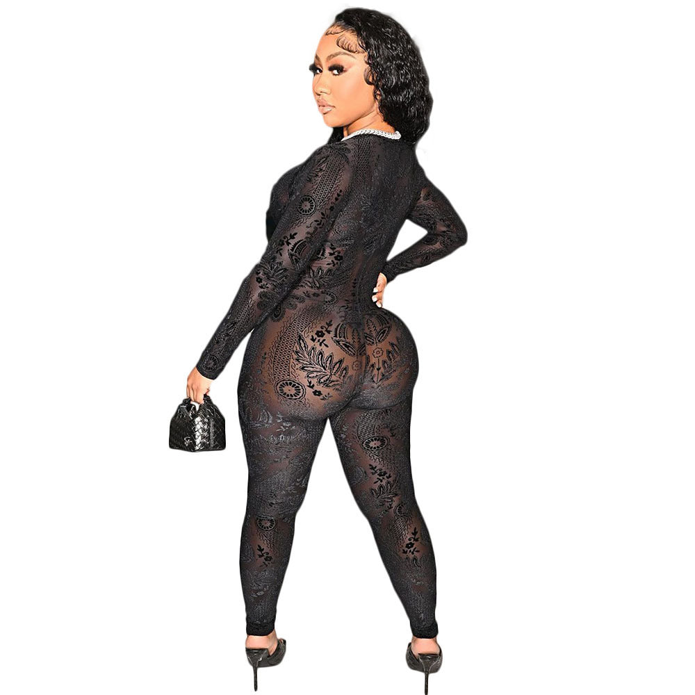 Women's Deep U See-through Mesh Print Slim Bodysuit