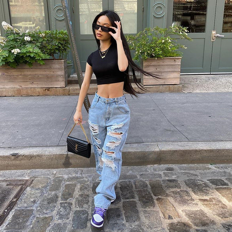 Ripped Jeans Women Light Color High Waist