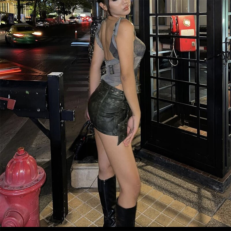 Vintage Worn Cross Belt Leather Miniskirt