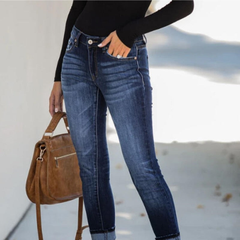 Women's Denim Washed Mid Waist Temperament Commute