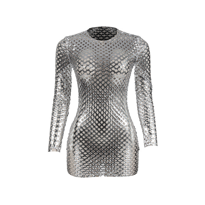 Solid Color Round Neck Hollow-out Long Sleeve Glossy Slim Fit Dress