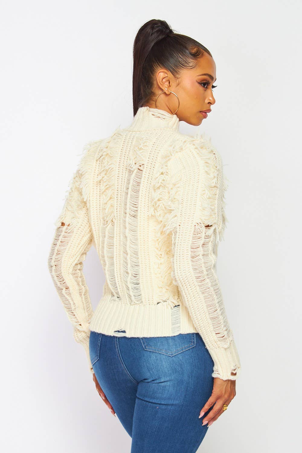 Honey Dearest Shaggy Distressed Moto Sweater