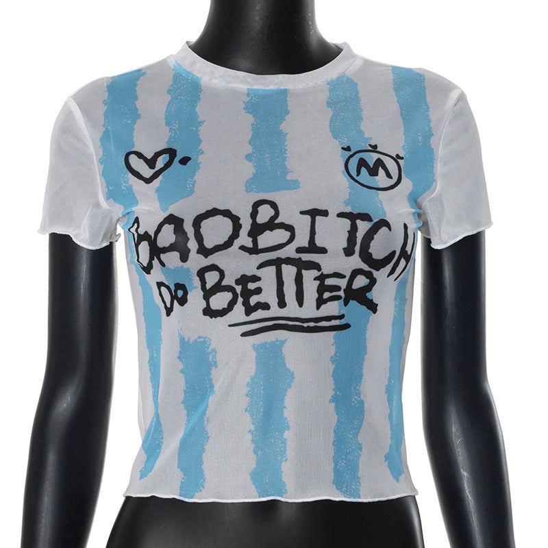 Striped Letters Printed Cropped Top