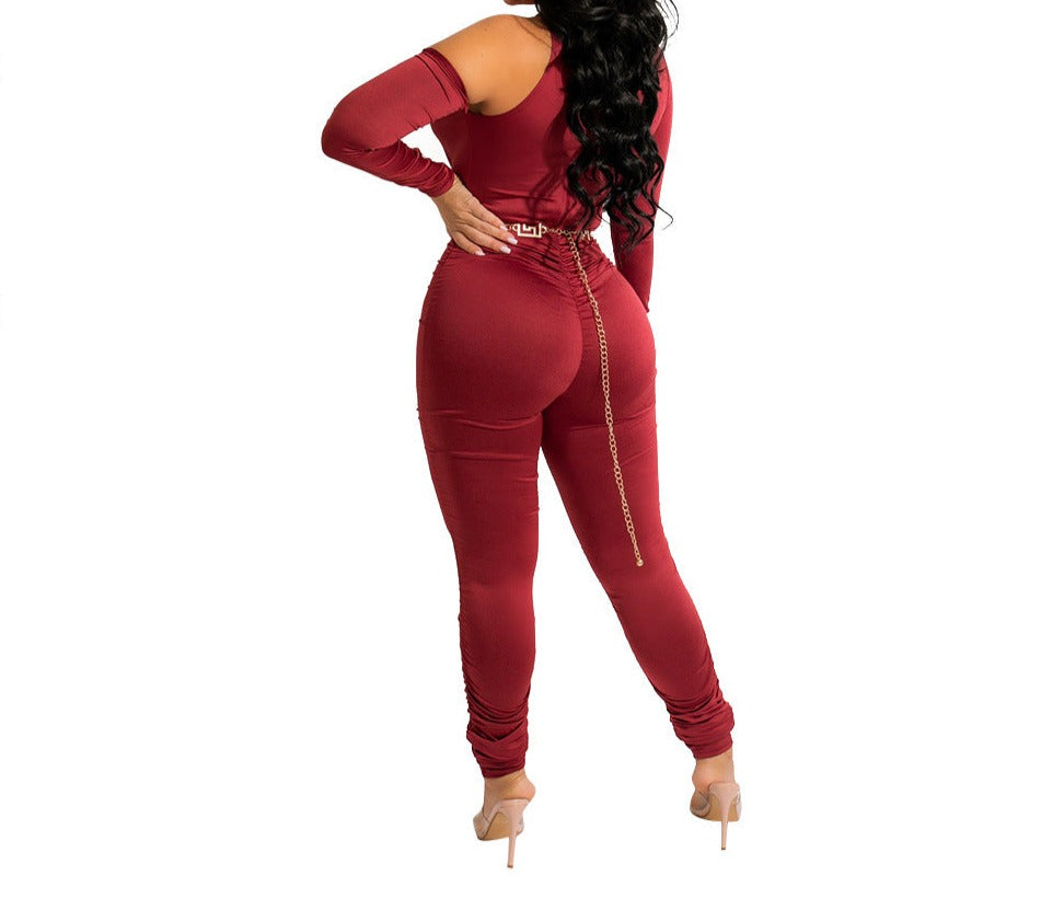 Fashion Solid Color Pleated Long-Sleeved Hollow Irregular Jumpsuit