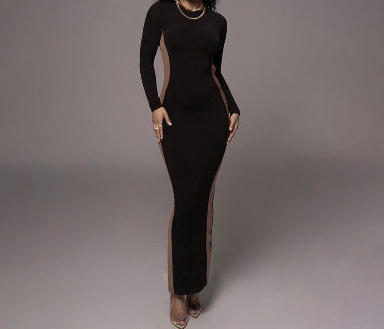Color Contrast Round Neck Long Sleeve Split Dress