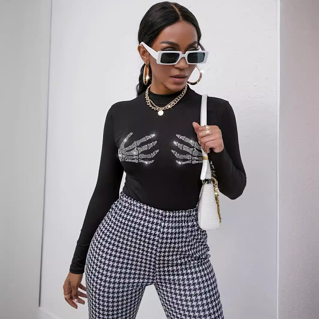 Rib Knitted Skull Rhinestone Top