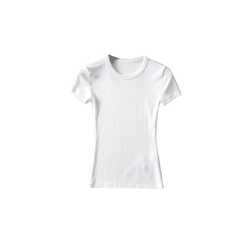 Basic Style Round Neck Tight Stretch Solid Color Short Sleeve T-shirt Top