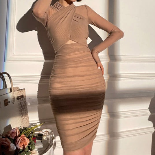 High Waist Pleated Wrapped Hip Long Sleeve Dress