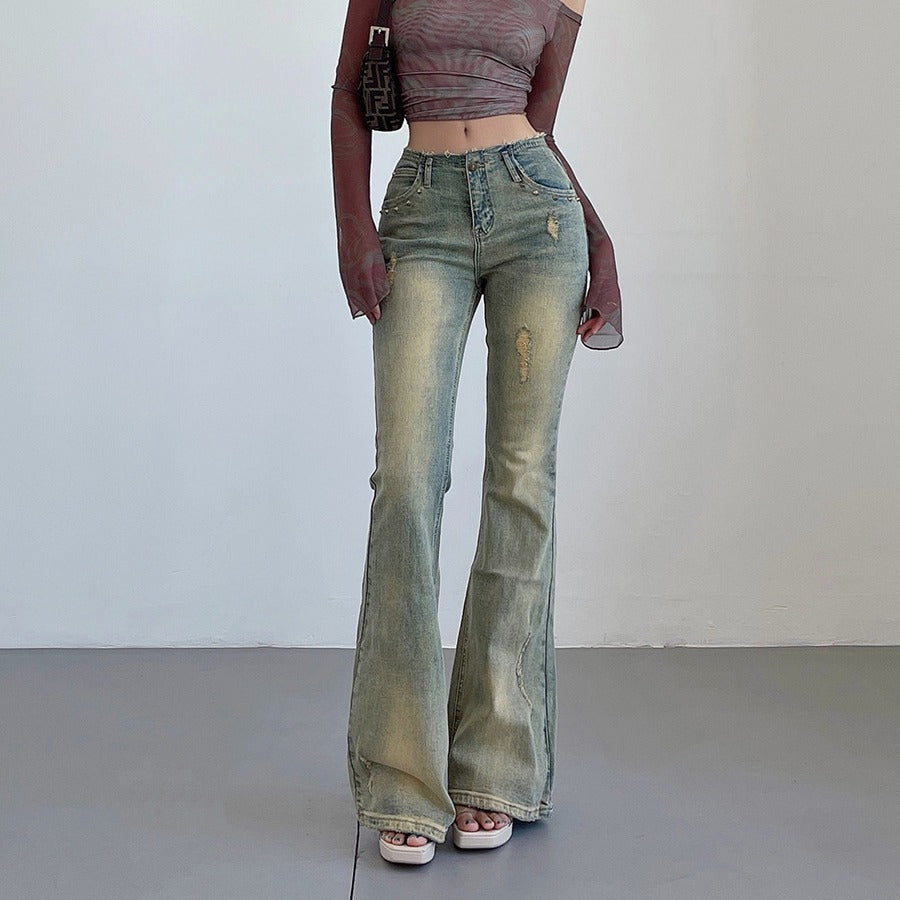 Women's Rivet Wear High Waist Flared Jeans