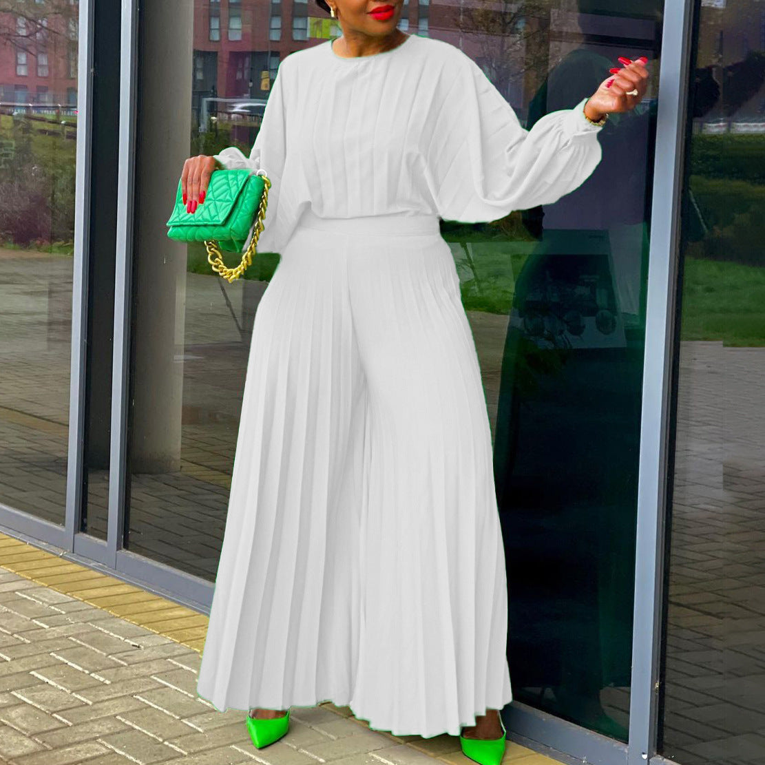 Women's Loose Casual V-neck Batwing Sleeve Pleated Dress