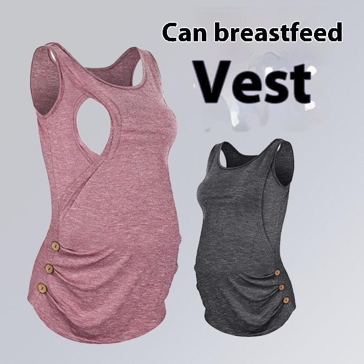 Sleeveless Solid Color Round Neck Button Vest Pregnant Women Breastfeeding Top