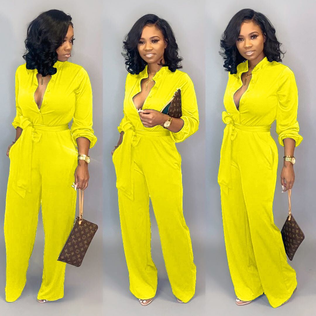 Mature V Neck Casual Jumpsuit