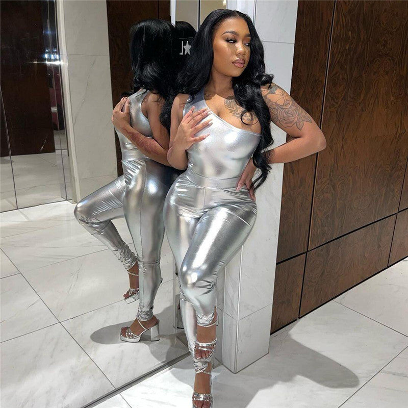 Shiny One Shoulder Top High Waist