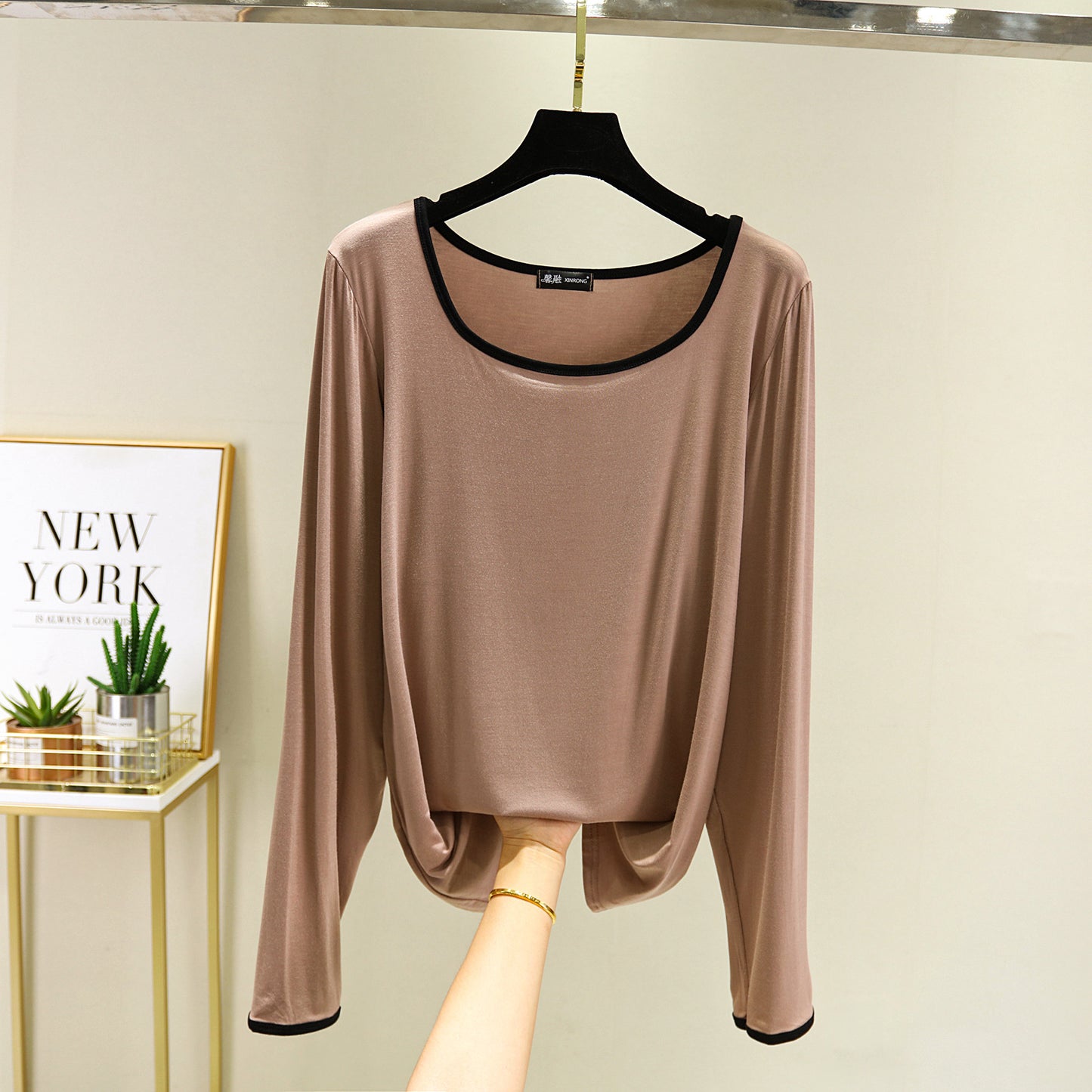 Modal Square Collar Long Sleeve Thin Shirt