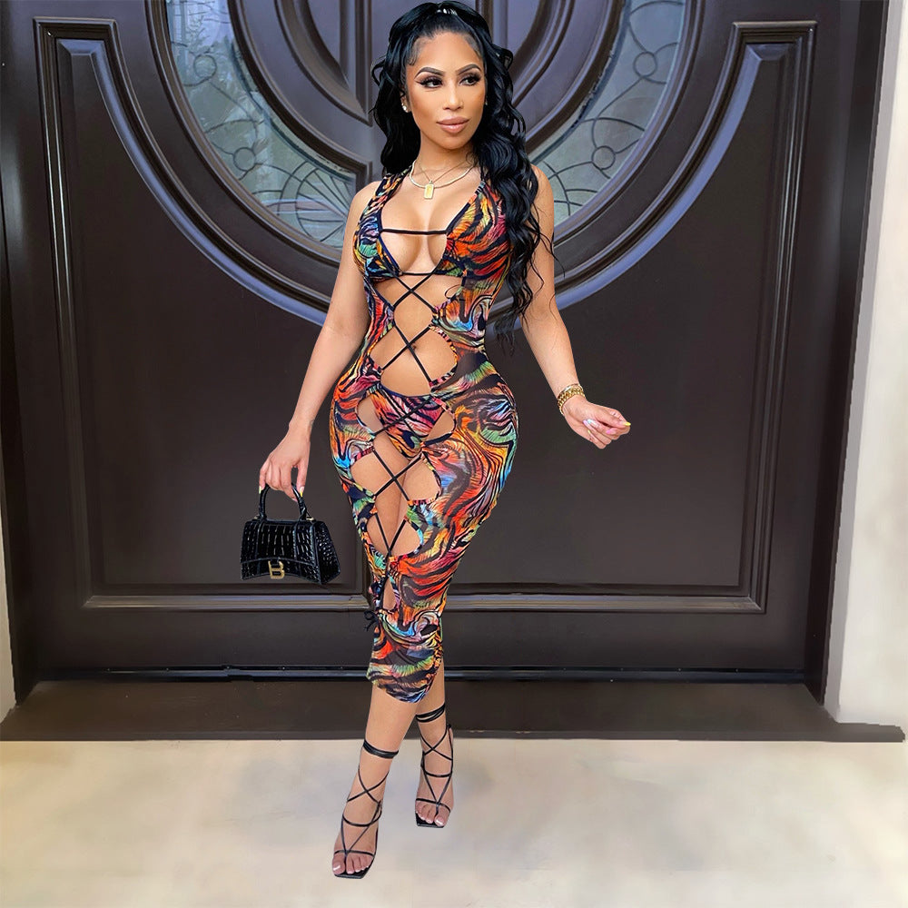 Sexy Mesh Floral Print Hollow Dress