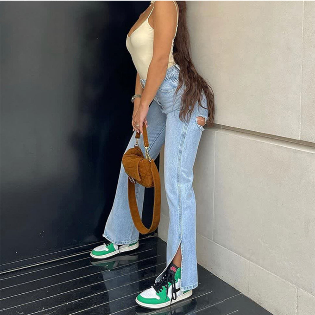 High Waist Stretch Ripped Hem Slit Denim