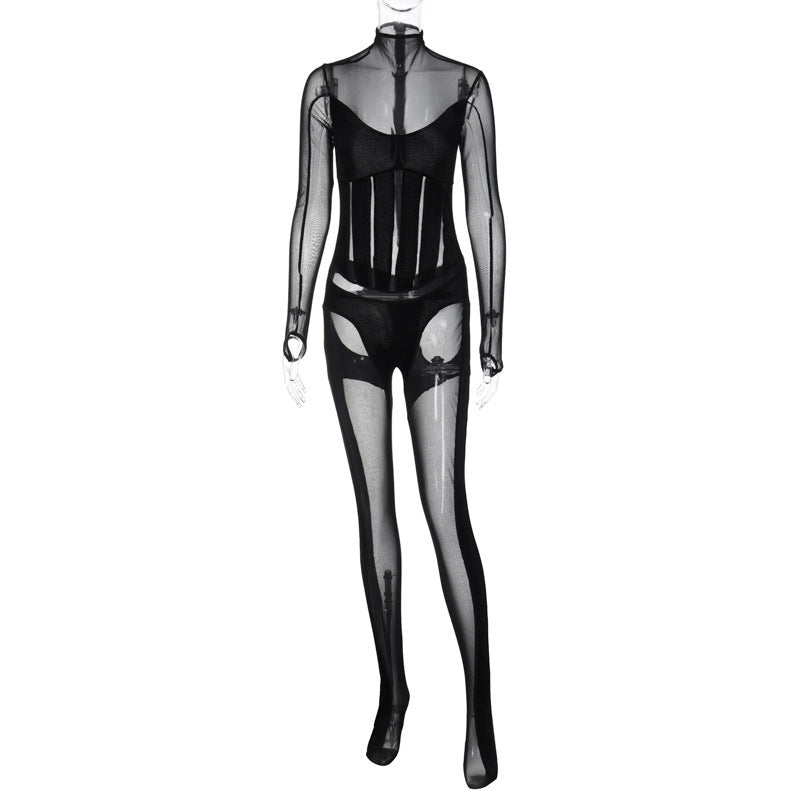 Women's Fashion Mesh See-through Stitching Tight Jumpsuit