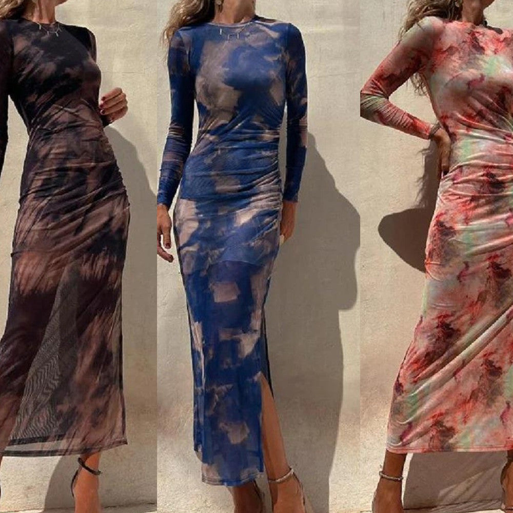 Tie-dye Printed Long Sleeve Fashion Pleated Stretch Dress