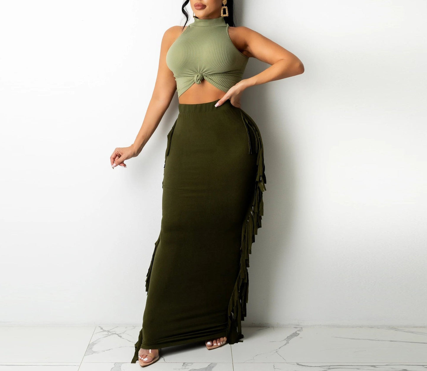 High Quality Brushed Fabric Solid Color Tassel Skirt On Both Sides