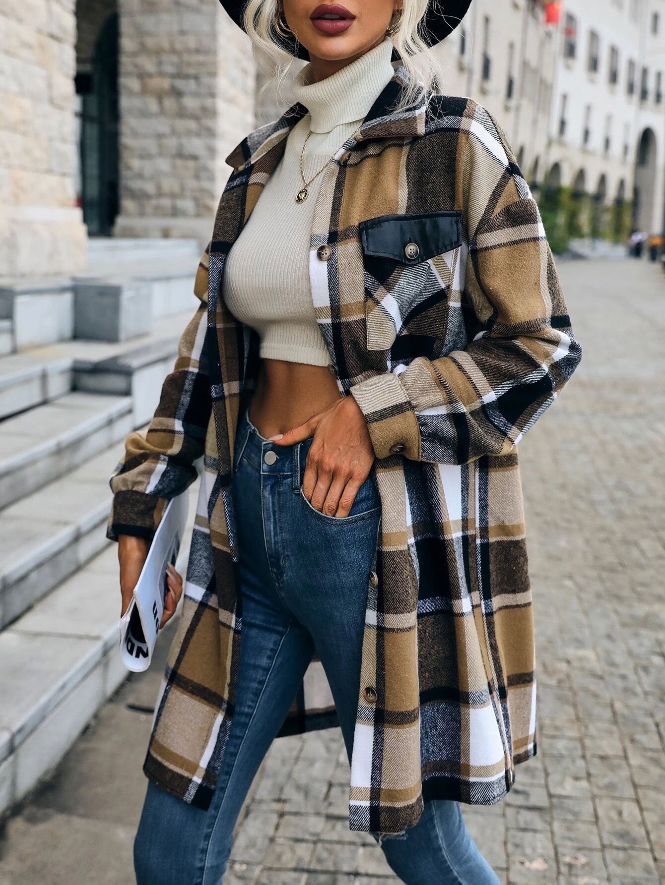 Casual Plaid Printed Pocket Long Jacket