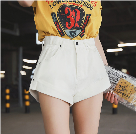 High waist denim elastic waist cuff wide leg shorts
