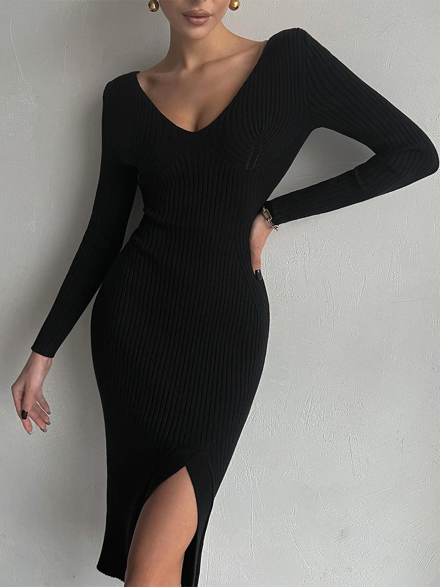 V-neck Sunken Stripe Mid-length Long Sleeve Tight Autumn And Winter Knitted Dress