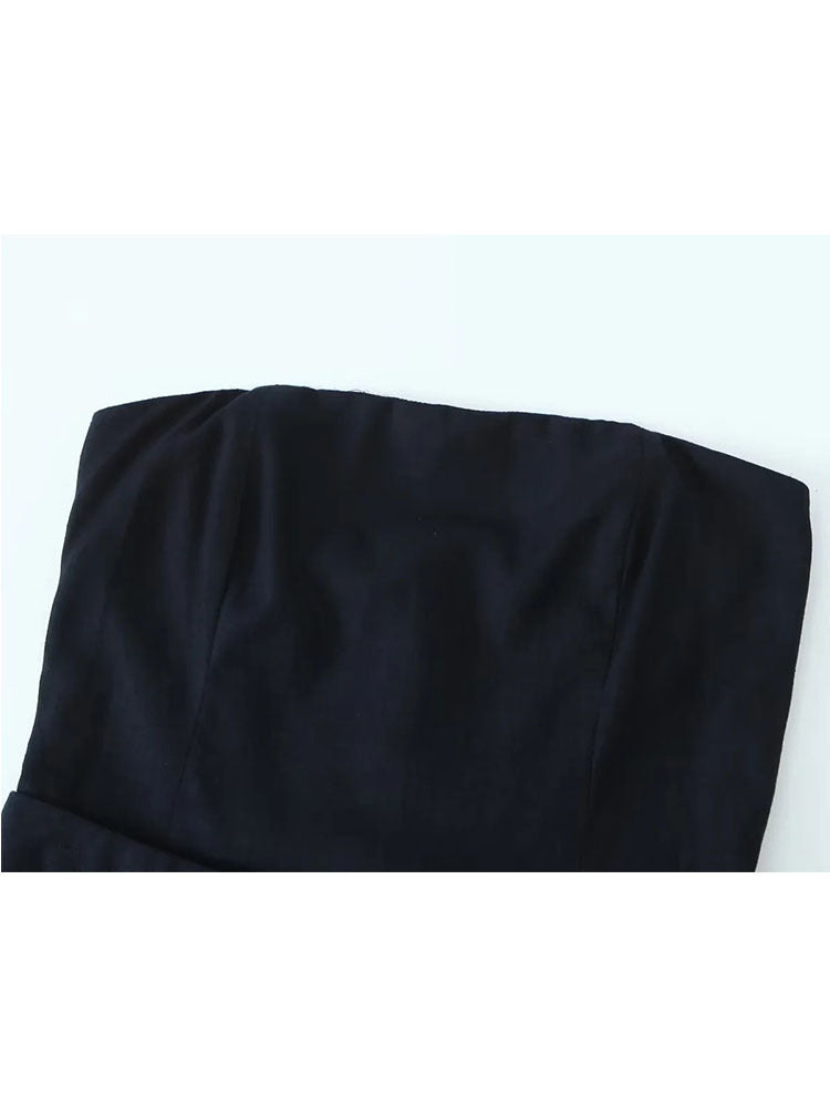 Women's Black Loose Fitting Linen Blend Bra Style Jumpsuit