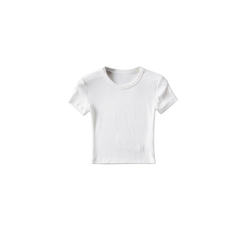 Basic Style Round Neck Tight Stretch Solid Color Short Sleeve T-shirt Top