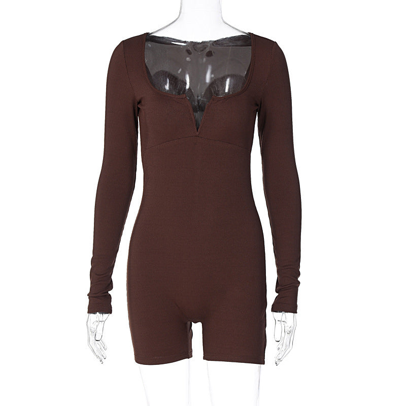 Women's Fashion Solid Color Slim U-neck Long-sleeved Jumpsuit