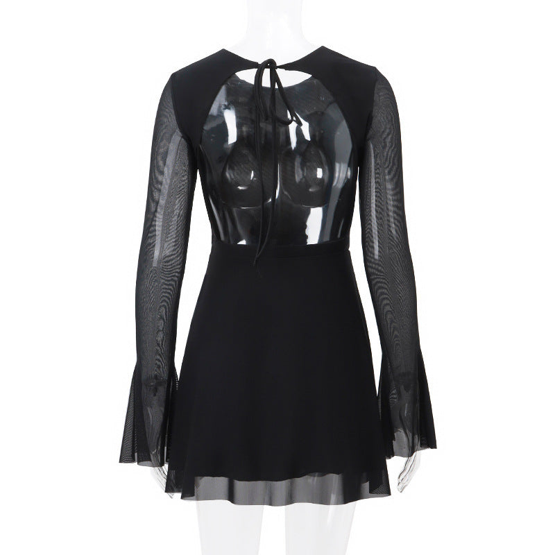 Temperament Crew Neck Horn Long Sleeve Mesh Dress Sexy Backless Skinny Skirt