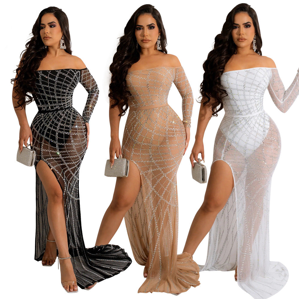 Sexy Off-the-shoulder See-through Hot Drilling High Slit Dress
